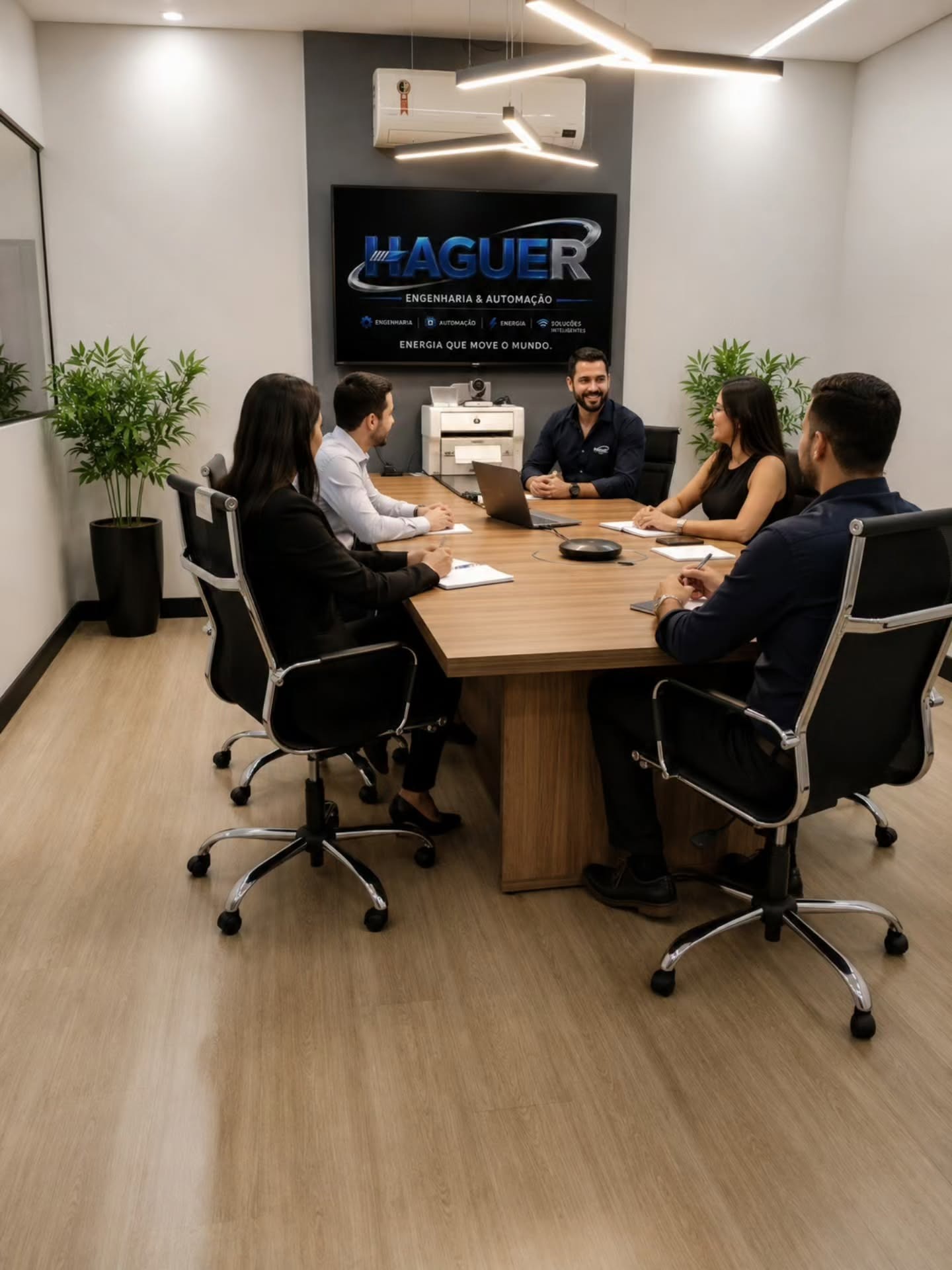 Equipe HAGUER em reunião na sala corporativa com a marca exibida na tela