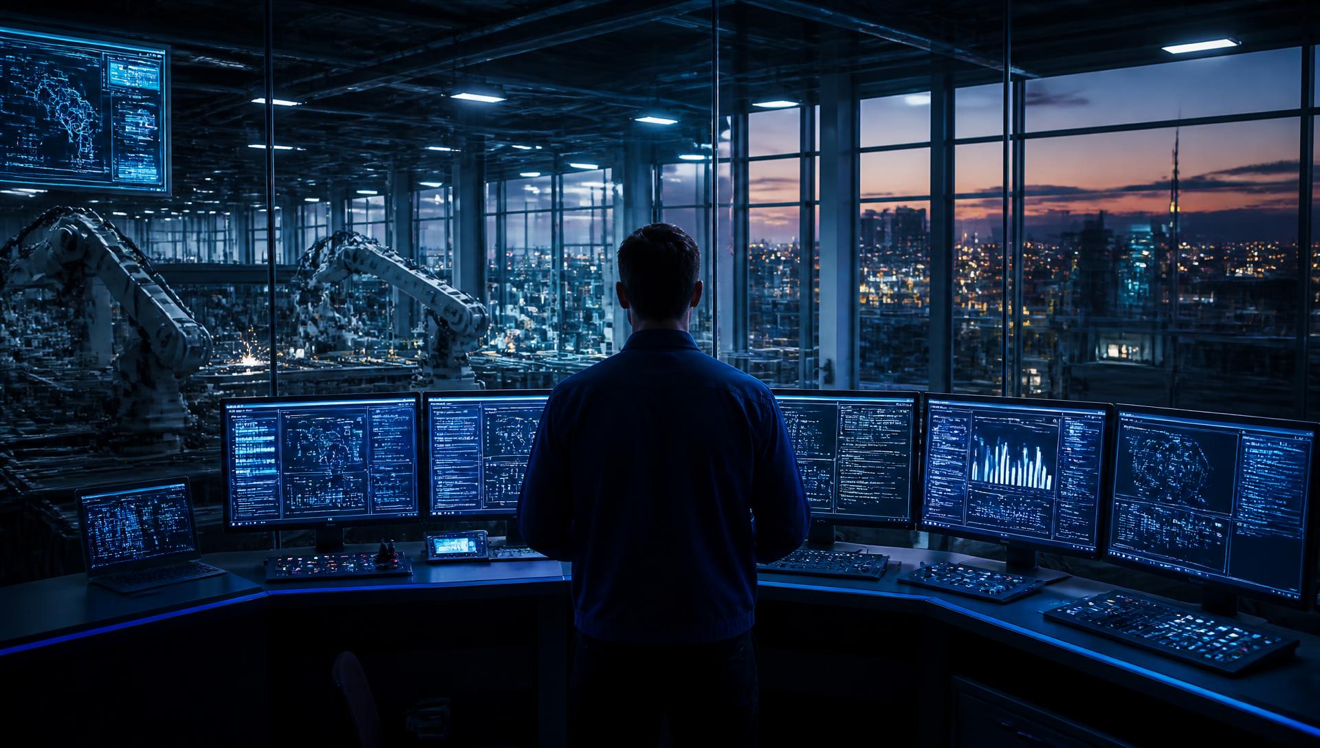 Sala de controle industrial com painéis de automação e braços robóticos