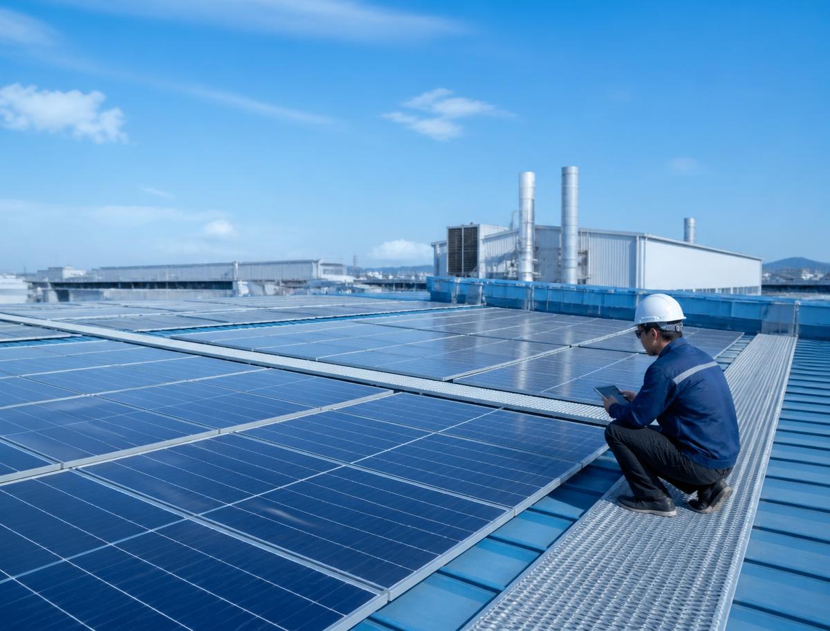 Painéis solares instalados no telhado de uma indústria